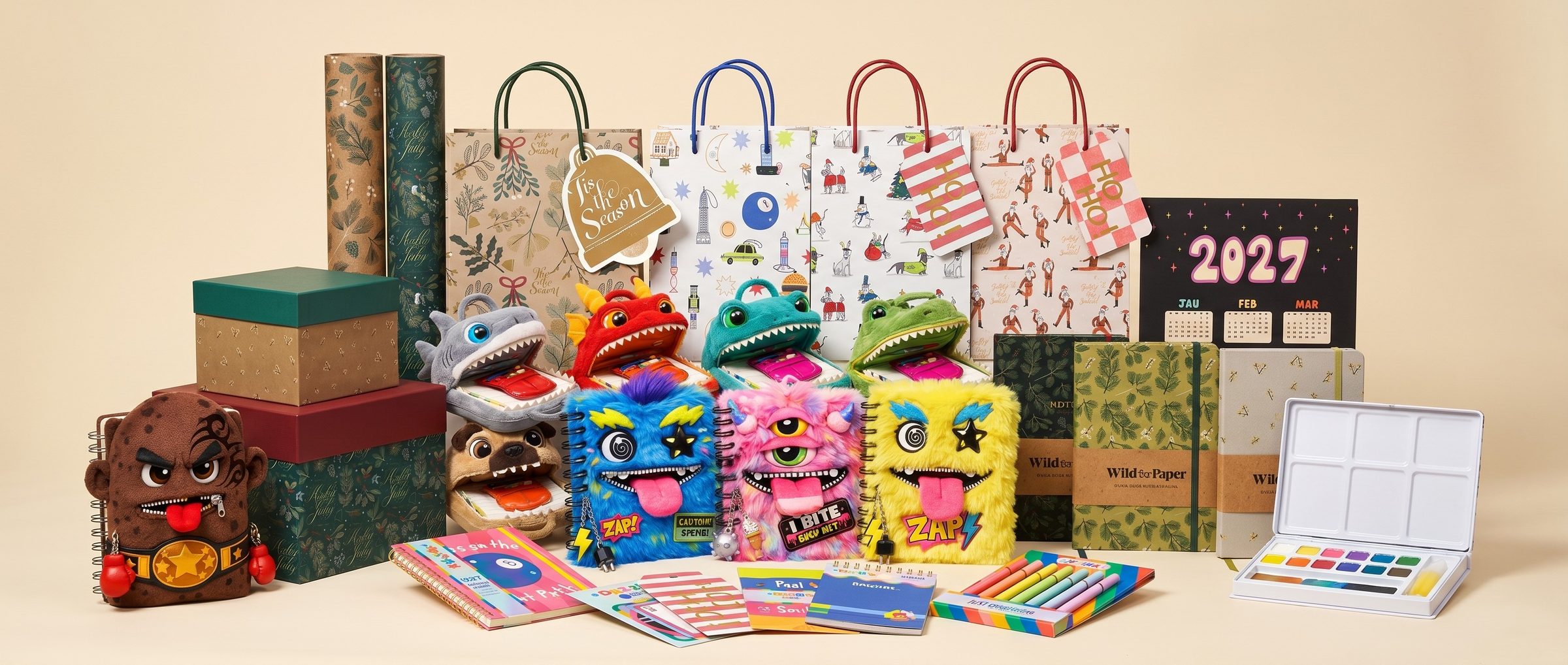 The full NALM Creative product family in one shot — gift wrap rolls, Wild for Paper bag and journals, Dazzle 2027 calendar and planners, Zip Nibbles plush monsters, the Zip Note teal notebook, and an open Art Block watercolor kit on a seamless cream studio backdrop.