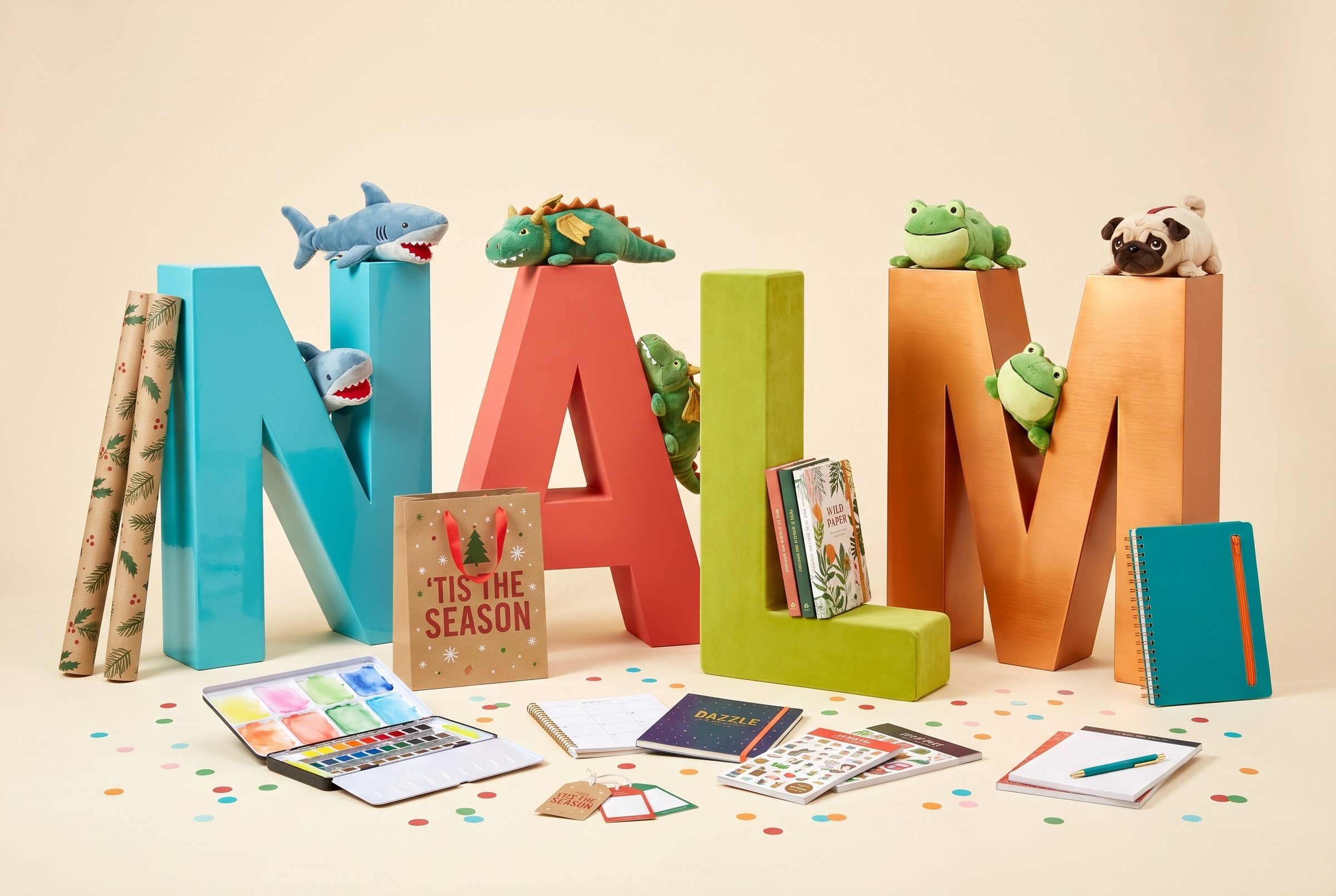 NALM Creative — giant dimensional N A L M letters surrounded by real NALM products.