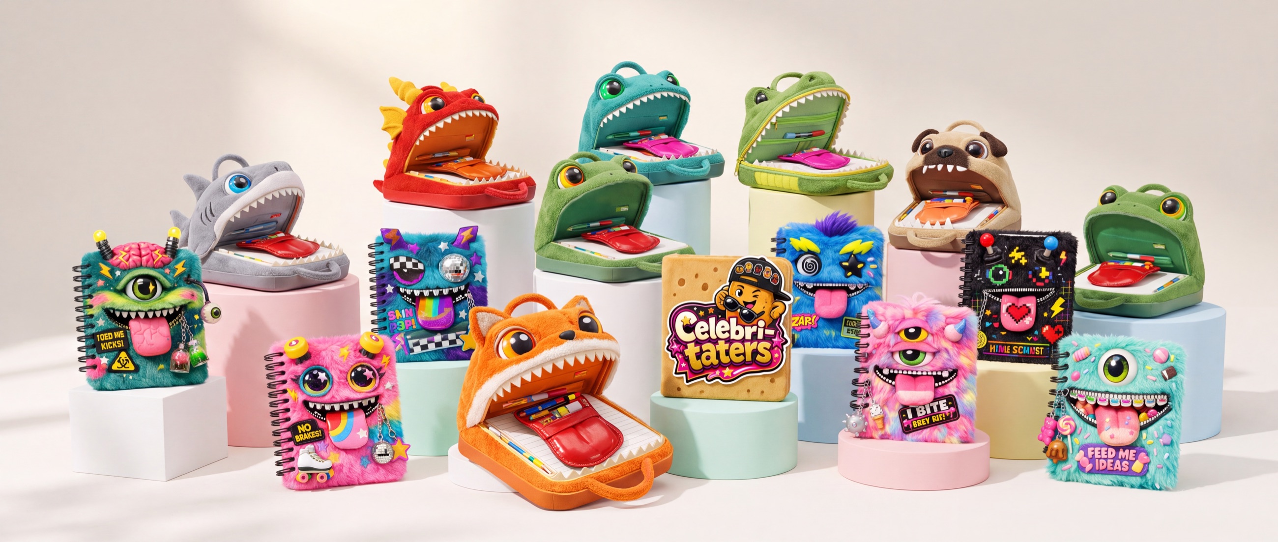 NALM Creative character brands: Zip Nibbles plush pencil cases, Zip Note monster notebooks and Celebri-taters.