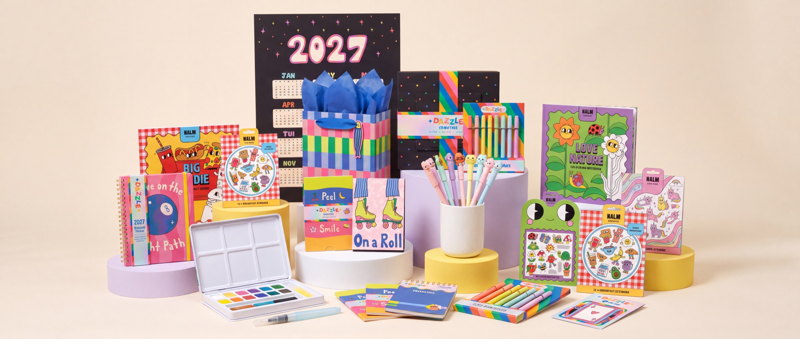 NALM Creative creative lifestyle and stationery: calendar, paint tin, gel pens and notebooks.