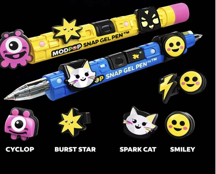 Mod Pop Snap Gel Pen line with charm characters — Cyclop, Burst Star, Spark Cat, Smiley.