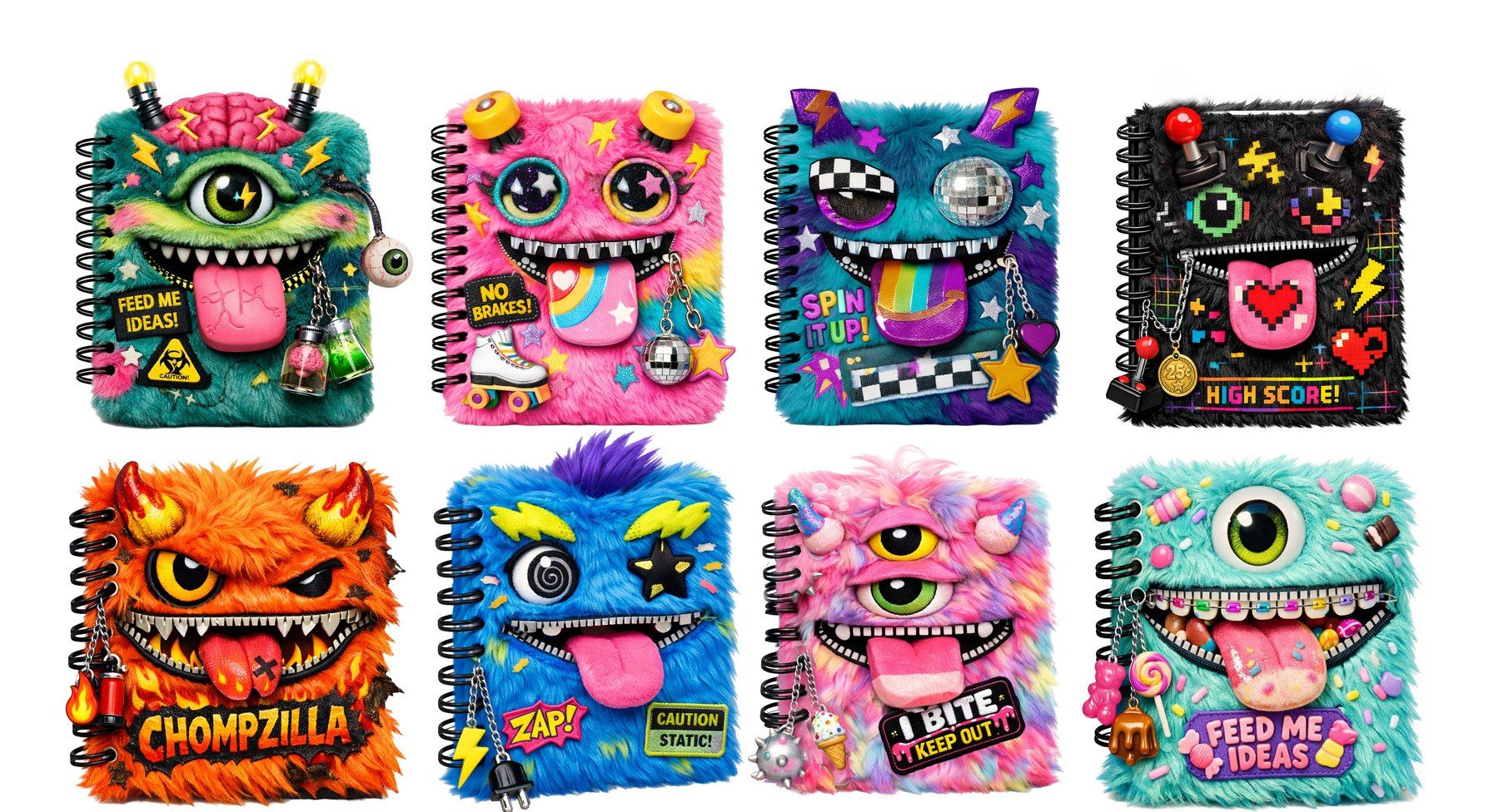 The Zip Note roster — eight furry monster notebooks with zipper mouths.
