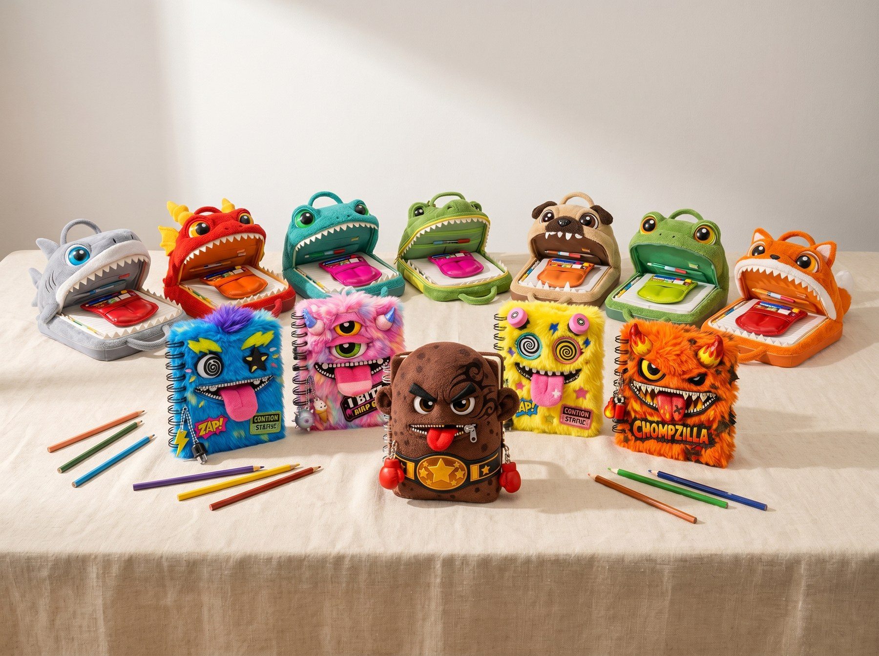 The NALM character IP family — Zip Nibbles plush monsters, furry Zip Note notebooks, and the Celebri-taters TKO boxer potato.