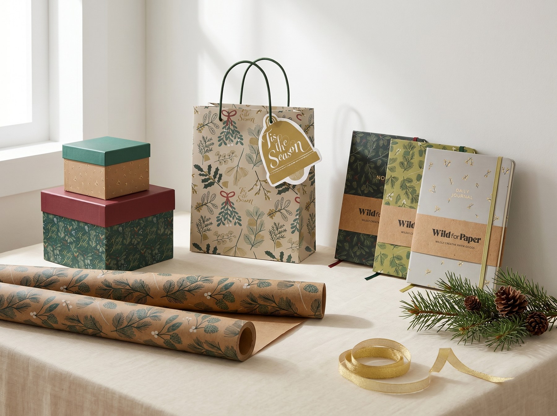 Wild for Paper gifting collection — wrap rolls, Tis the Season bag, stacked gift boxes, and botanical journals.