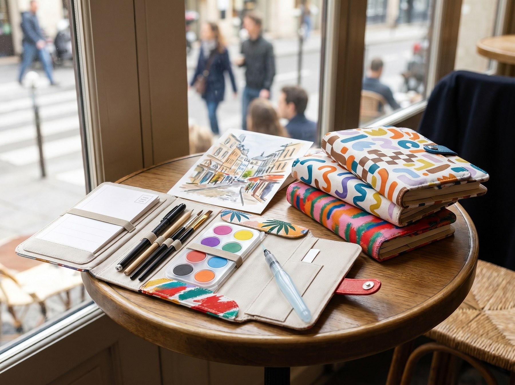 Art Block travel watercolor kits open on a café table with a half-painted postcard.