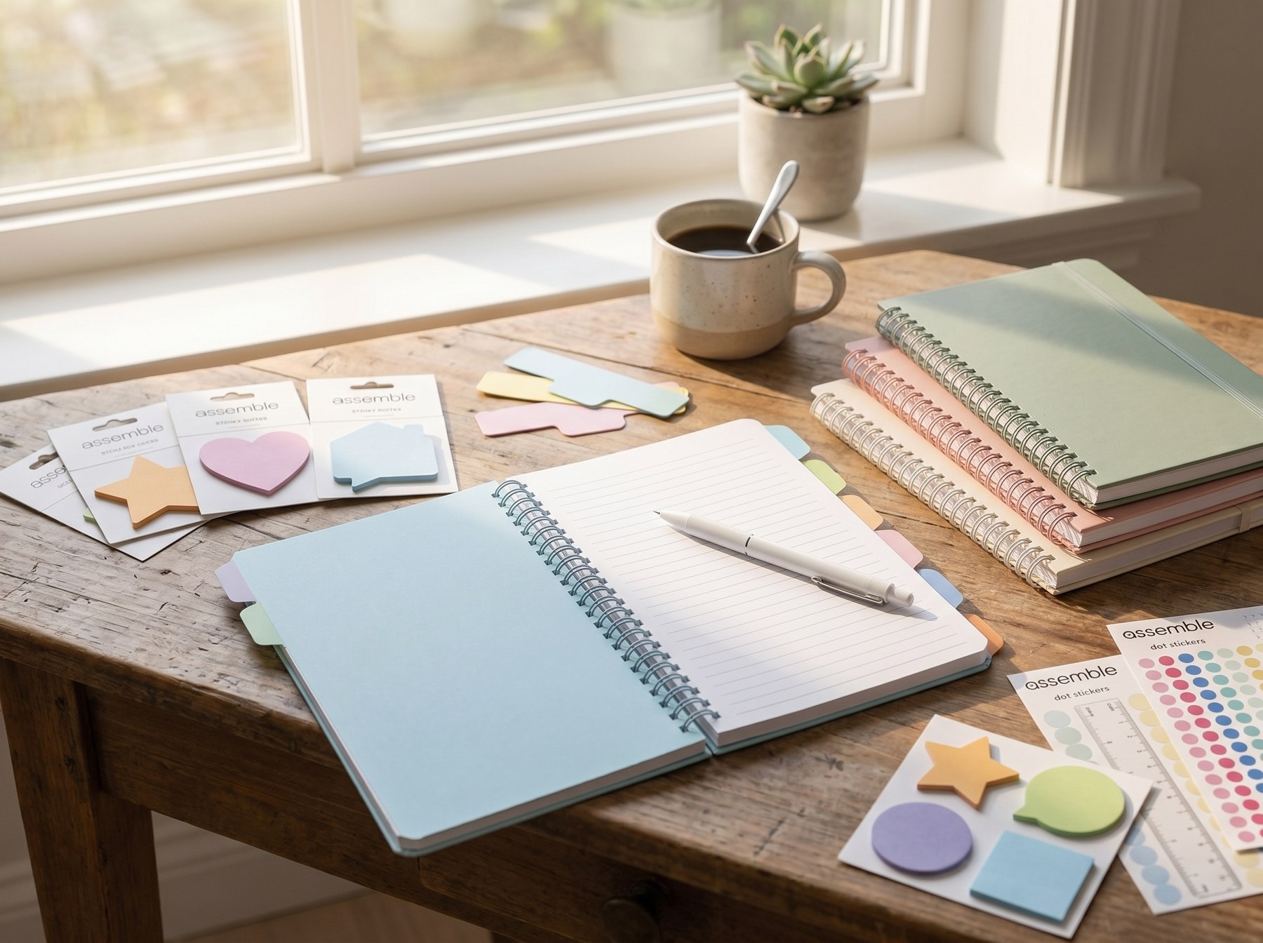 Assemble modular notebooks, dividers and sticky-note shapes on a wooden desk in morning light.