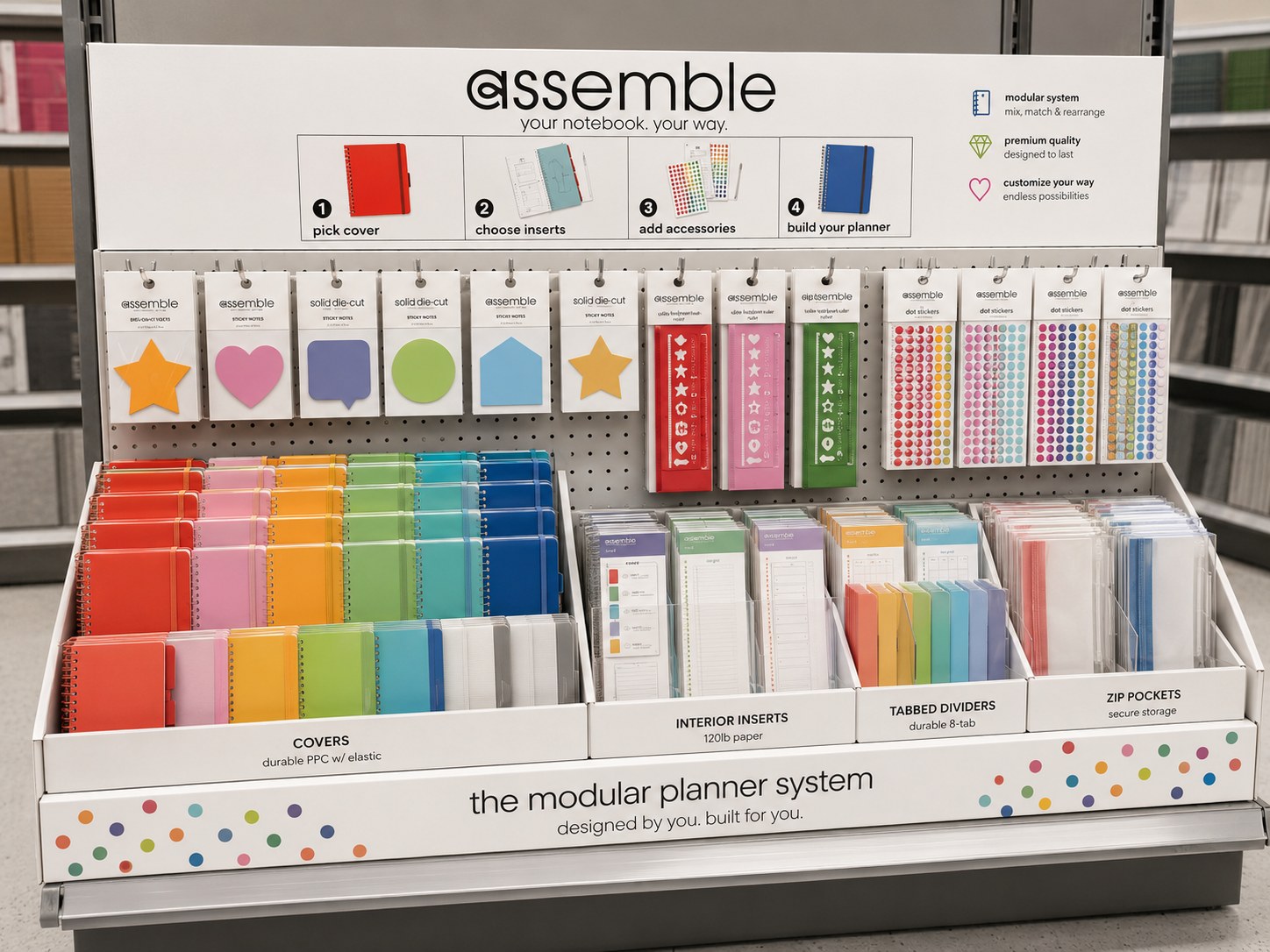 Assemble full in-line retail display — your notebook, your way — stocked with modular covers, inserts, and accessories.