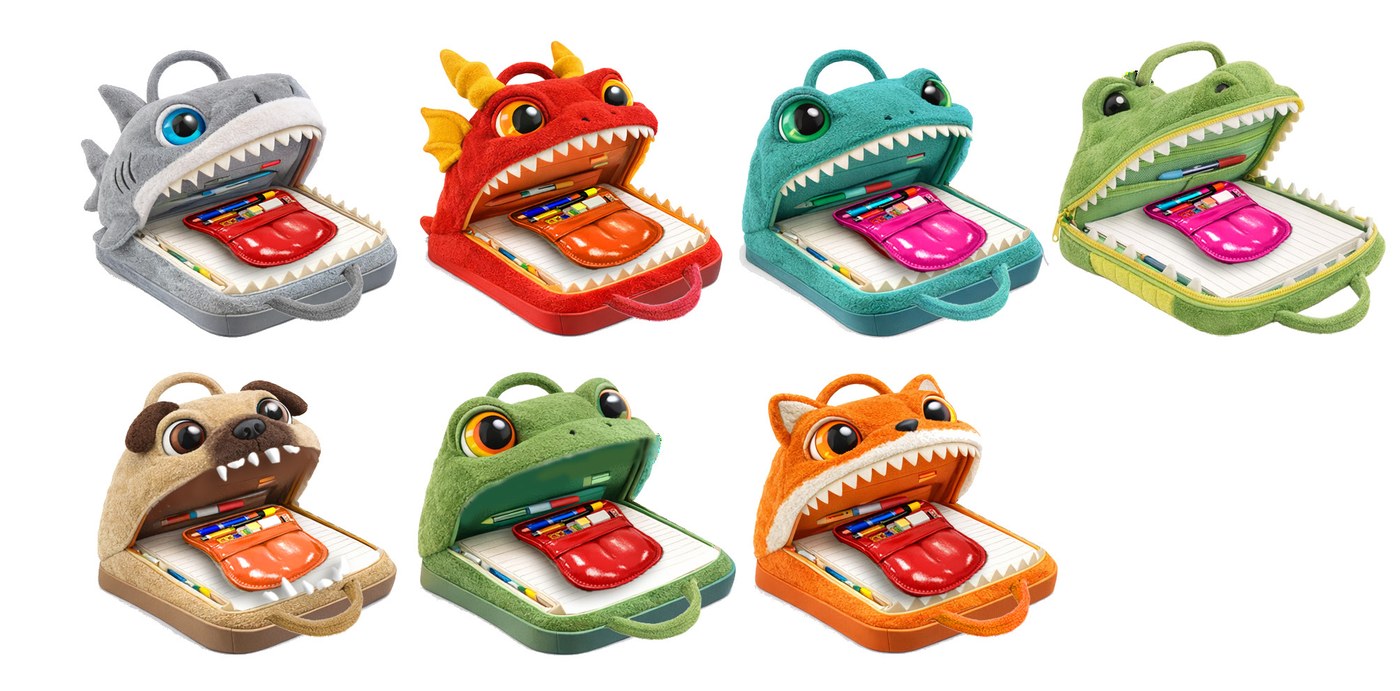The Zip Nibbles launch collection — seven plush monster characters with functional zipper mouths.